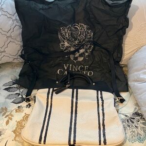 Vince Camuto Cream and Black Striped Shoulder Tote